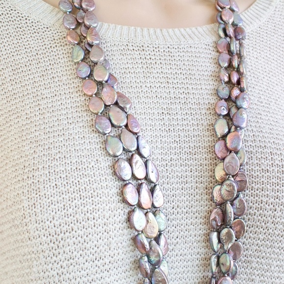 Vintage Coin Pearl Necklace Knotted Triple Strand Iridescent Purple 34” Long - Picture 2 of 6